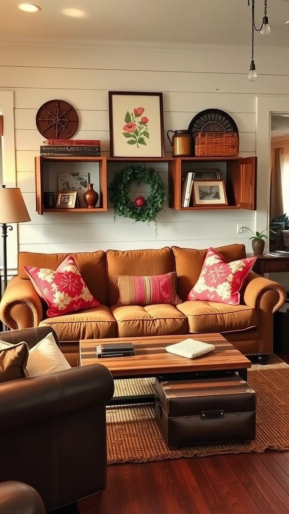 A cozy living room featuring a brown couch with bright floral pillows and wooden decor elements.