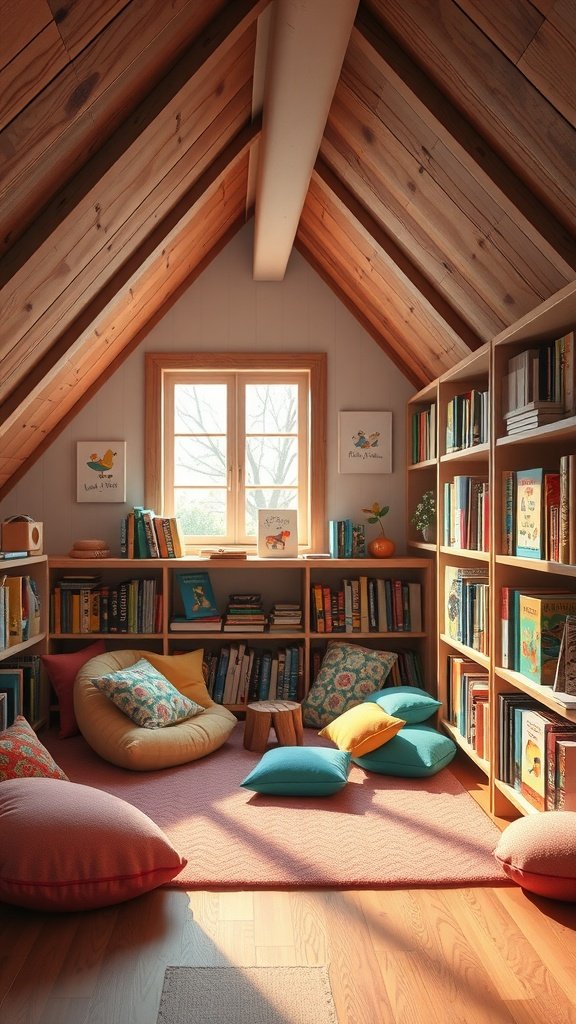 A cozy attic reading nook with pillows, bookshelves, and sunlight.