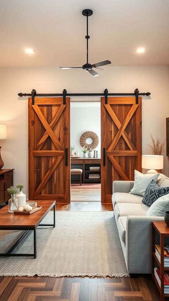 Modern farmhouse living room featuring wooden barn doors as interior sliders