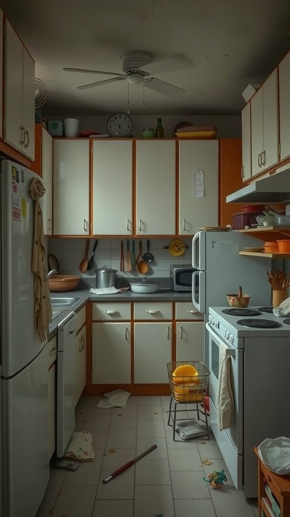 A cramped kitchen with cluttered cabinets, dirty dishes, and a messy floor.