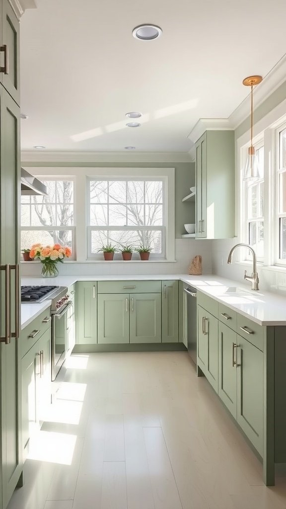 A kitchen featuring Benjamin Moore Saybrook Sage cabinets, white countertops, and natural light streaming in from windows.
