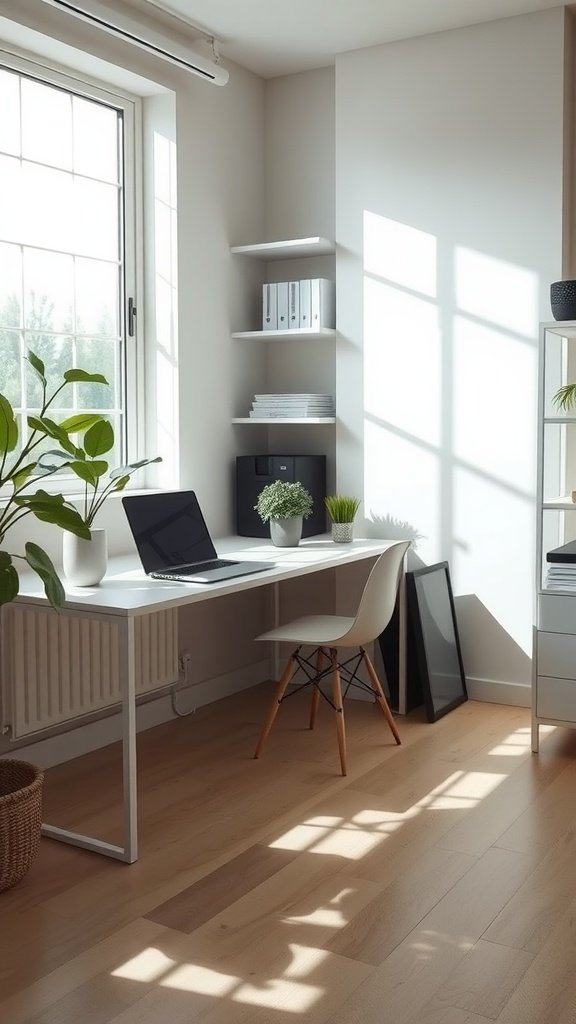 A bright and minimalistic home office with a desk, chair, and plants.