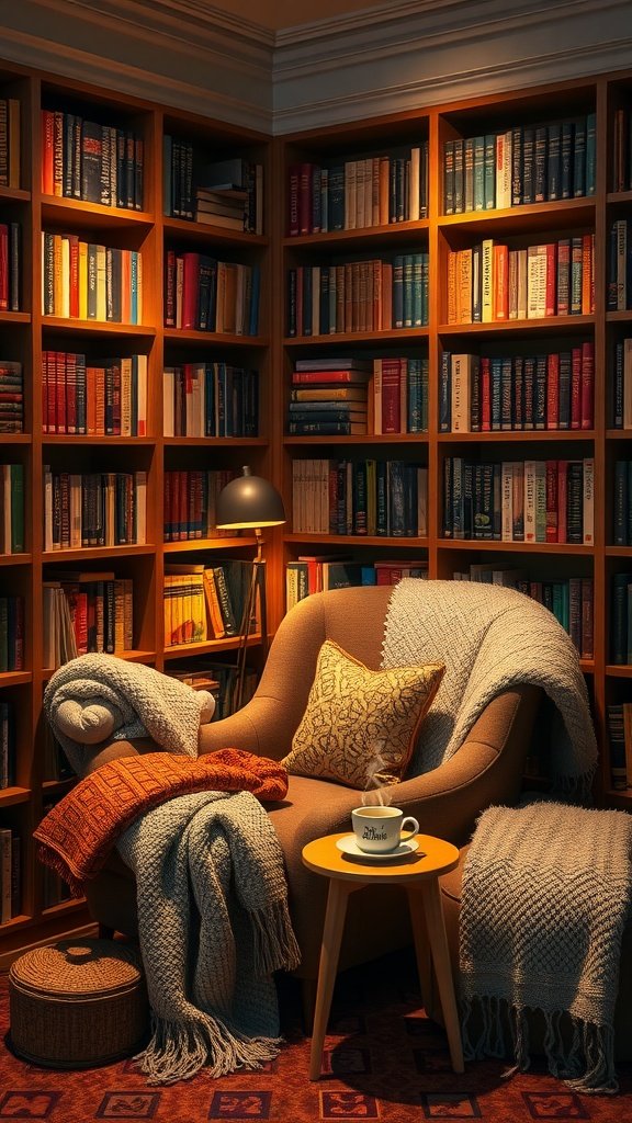 A cozy corner nook with a comfortable chair, warm throws, a side table with coffee, and bookshelves filled with books.