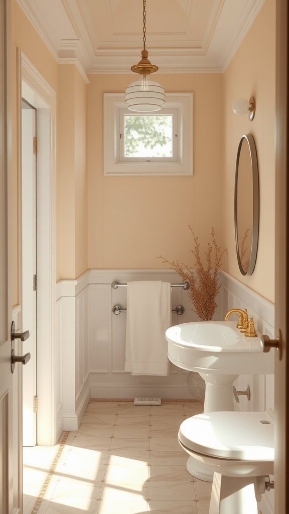 A small bathroom painted in cream, featuring white trim, a round mirror, and brass fixtures.