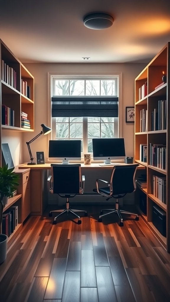 A cozy nook office layout with two desks facing each other, flanked by bookshelves, illuminated by natural light from a window.