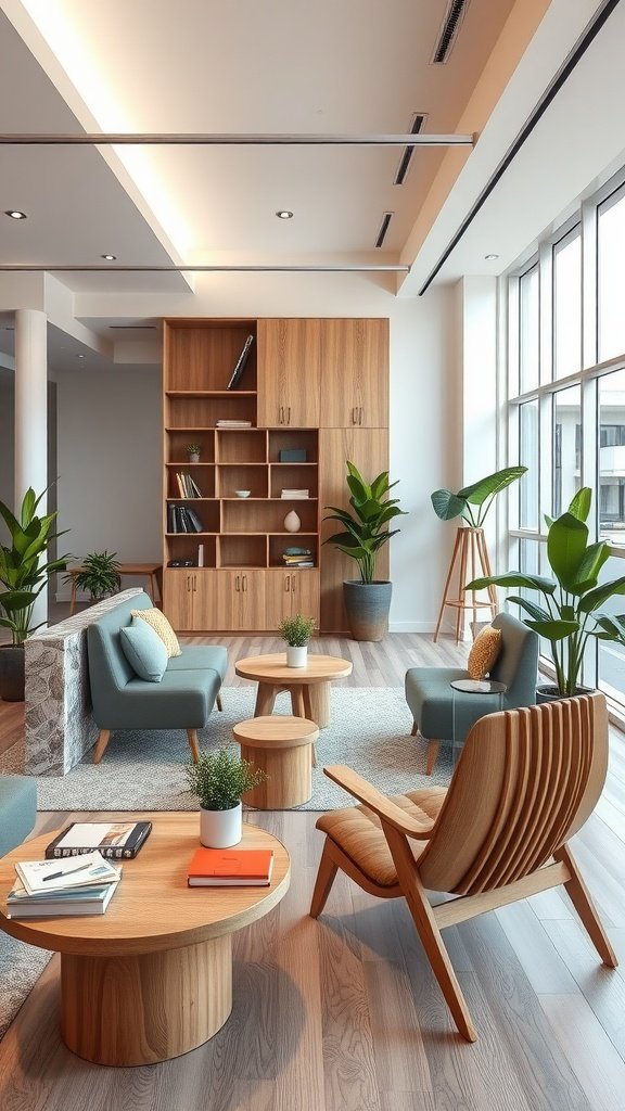 A modern office interior featuring wooden furniture, green plants, and a bright, open layout.
