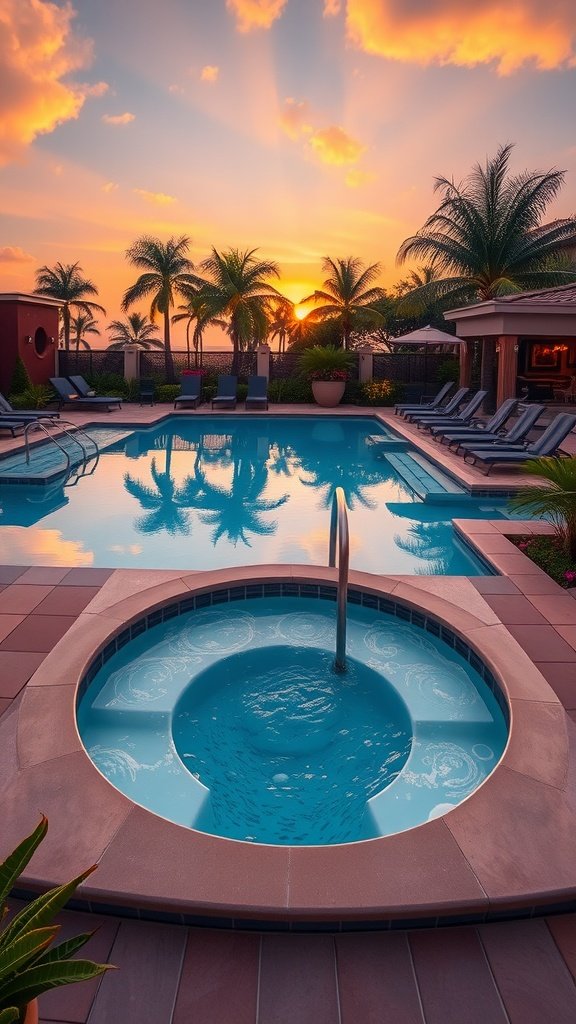 A luxurious swimming pool with a jacuzzi at sunset, surrounded by palm trees and lounge chairs.
