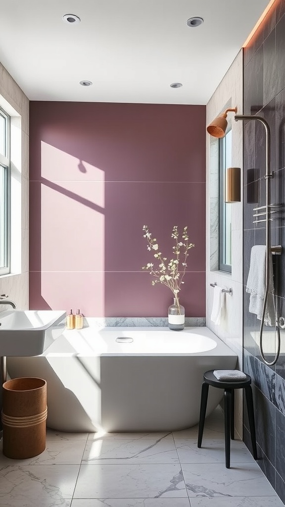 A modern bathroom featuring a free-standing tub, soft purple accent wall, and sleek tiles.