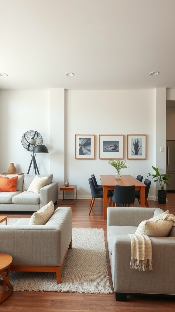 A stylish living room-dining room combo with gray sofas, orange pillows, a dining table, and framed artwork on the walls.