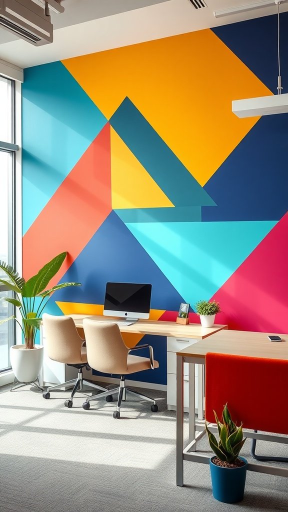 An office space featuring a bold geometric accent wall with bright colors and modern furniture.