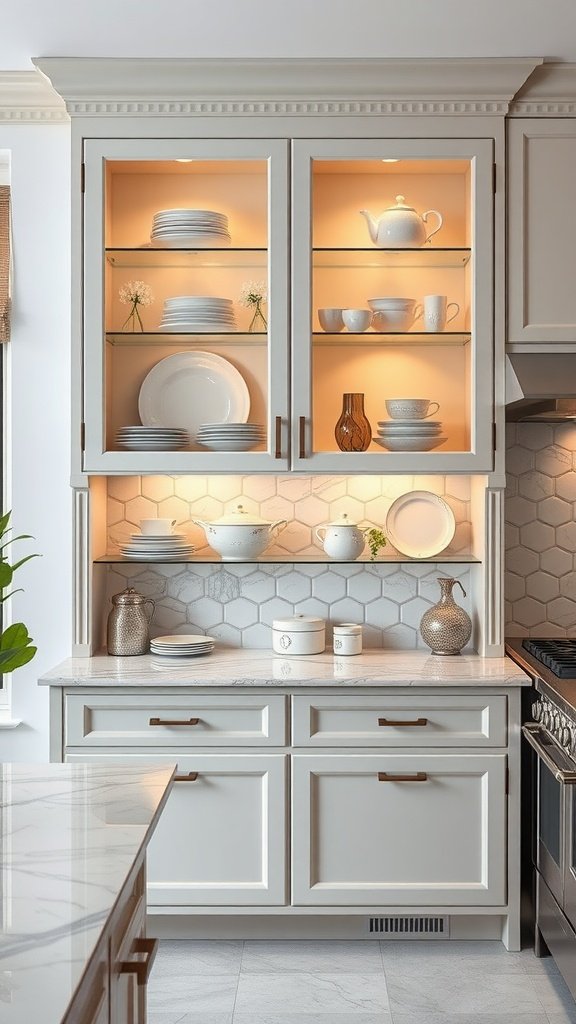 Stylish kitchen with glass-front cabinets displaying plates and decor, highlighted by warm lighting.