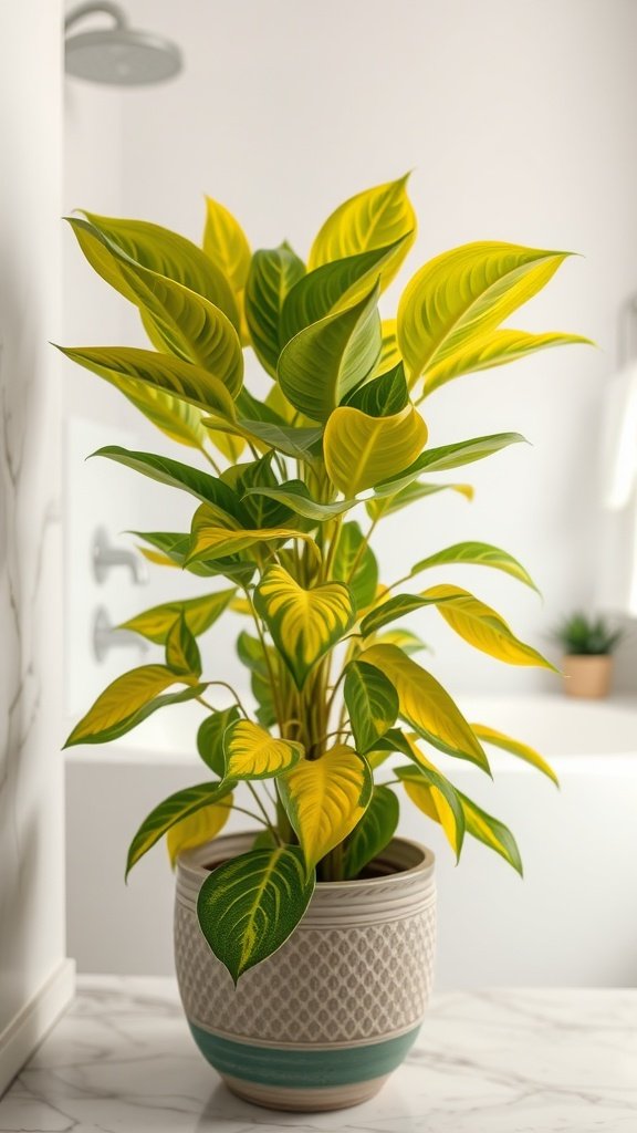 A vibrant Golden Pothos plant with yellow and green leaves in a stylish pot, set in a modern bathroom.