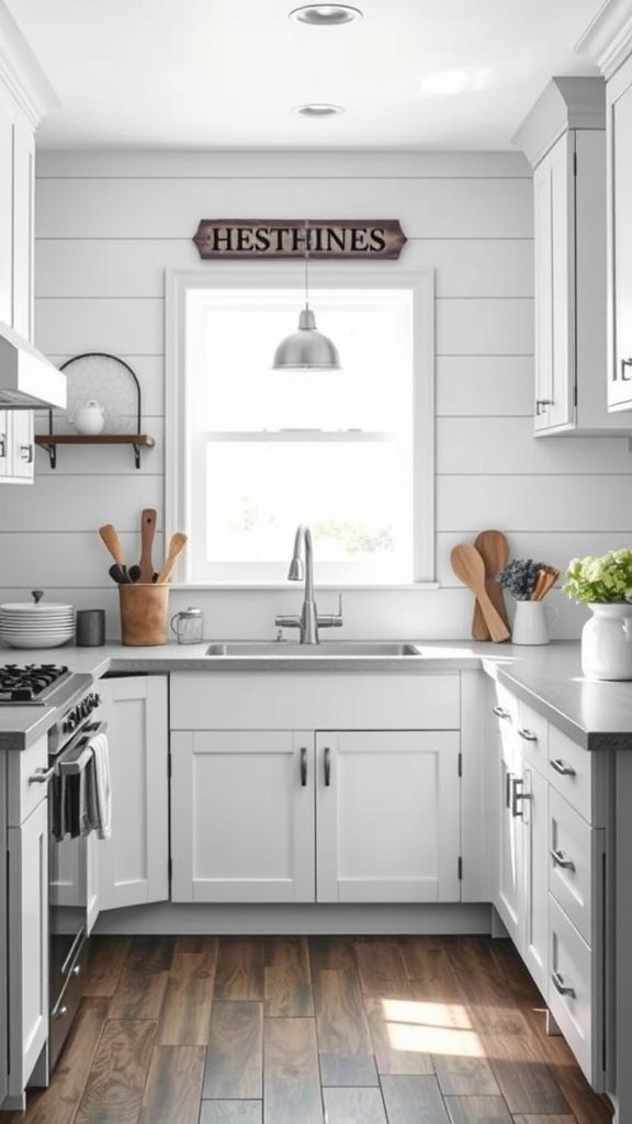 A cozy kitchen featuring grayscale shiplap cabinets and rustic wood accents.