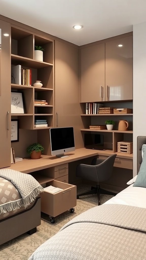 A stylish guest bedroom and home office combo with storage solutions