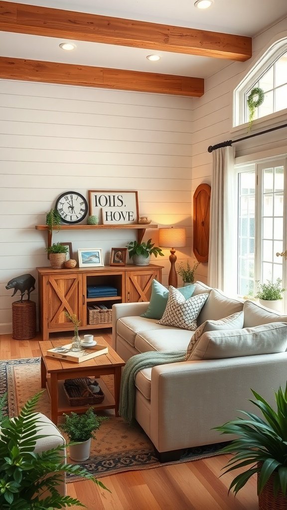 A cozy living room featuring shiplap walls, wooden beams, and comfortable furniture, creating a warm farmhouse atmosphere.