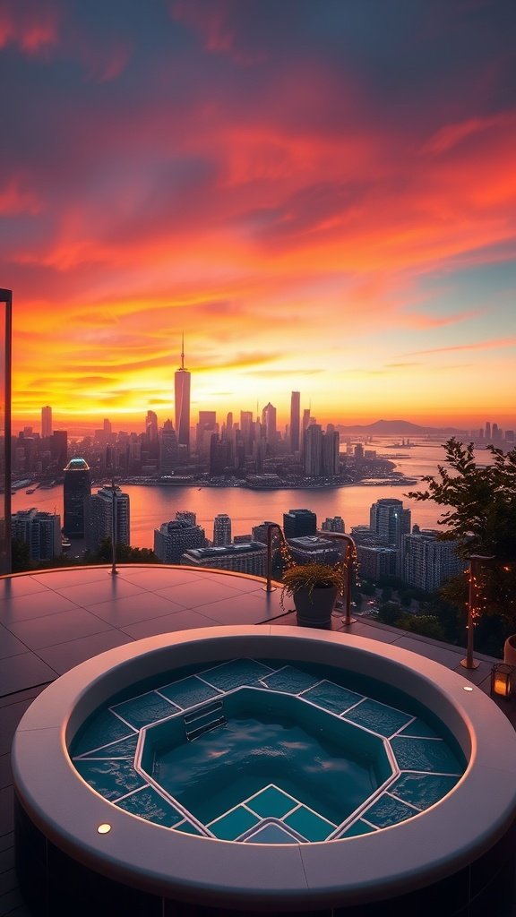 Infinity jacuzzi overlooking a city skyline during sunset
