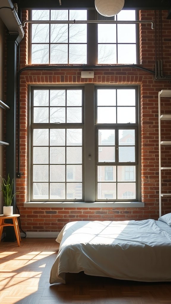 Bright industrial bedroom featuring large factory-style windows and a minimalist aesthetic.