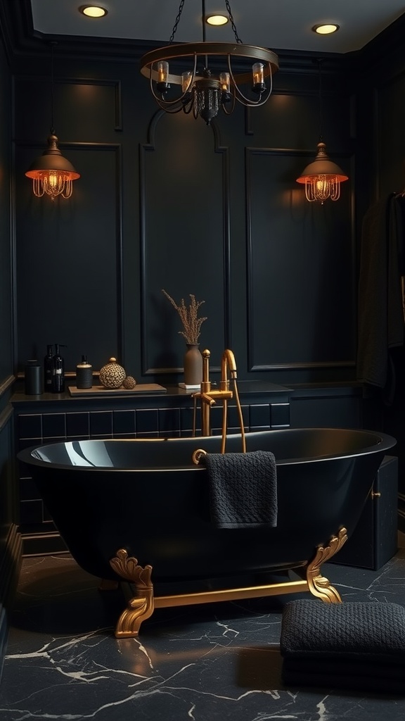 A stylish black bathroom featuring a freestanding black tub with gold accents, dark walls, and warm lighting.
