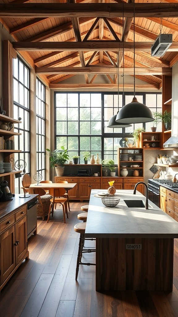 A rustic modern kitchen featuring wooden ceilings, a marble island, and large windows.