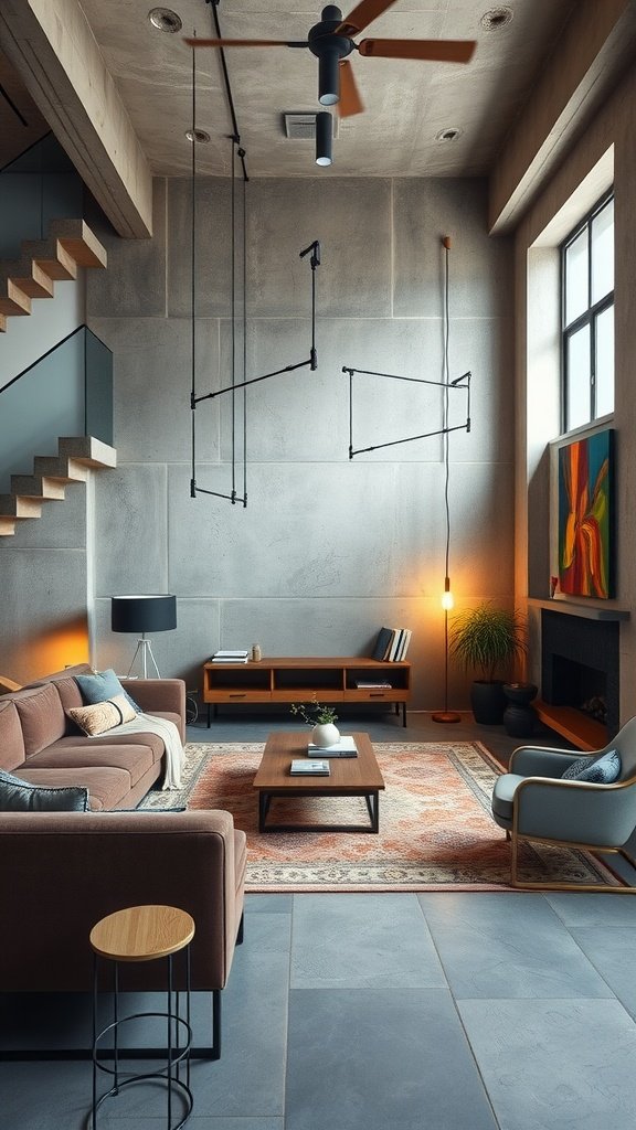 An industrial living room featuring concrete walls, warm furniture, and cozy lighting.