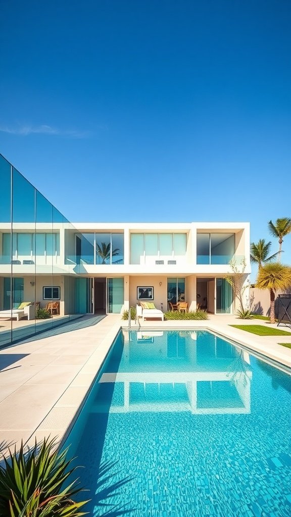 A modern house with a glass facade and a rectangular swimming pool, surrounded by palm trees under a clear blue sky.