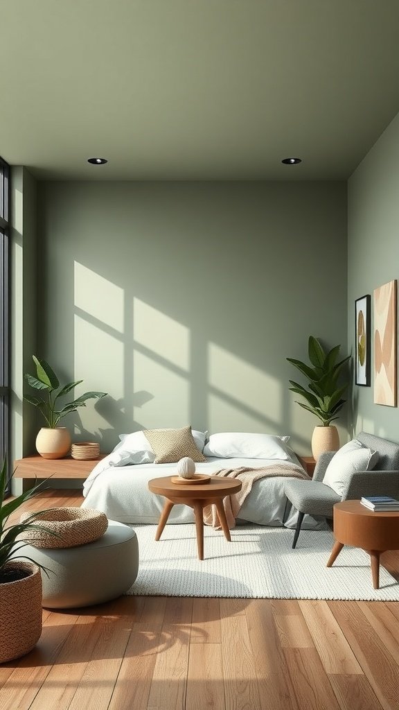 A modern bedroom featuring sage green walls, wooden flooring, and minimalist furniture with plants.