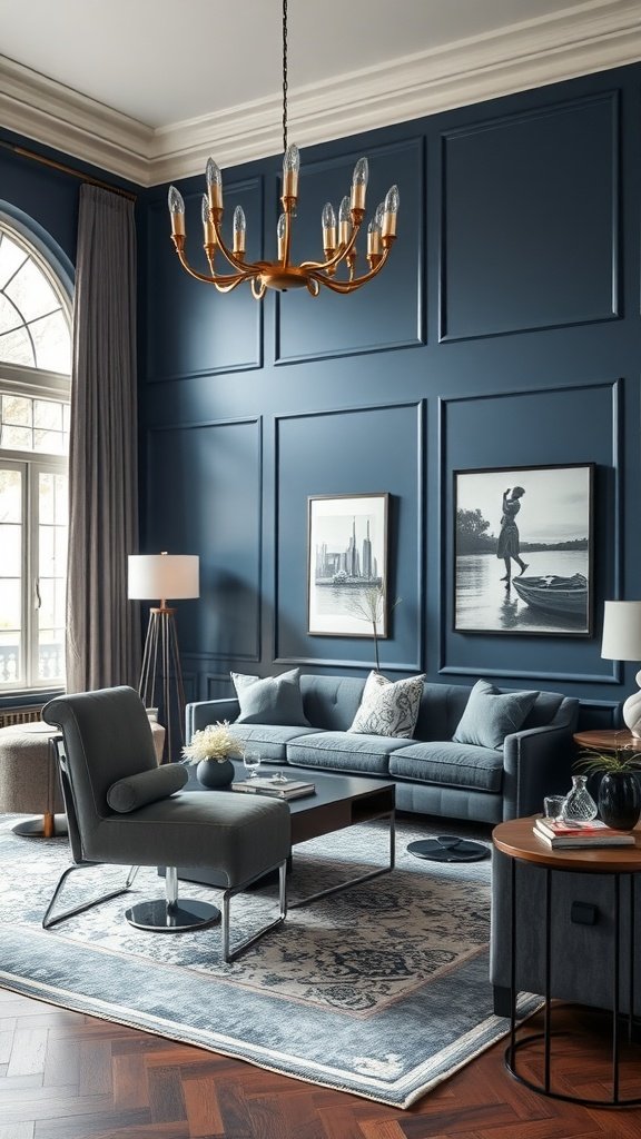 A cozy living room featuring navy blue walls, charcoal gray furniture, and warm lighting.
