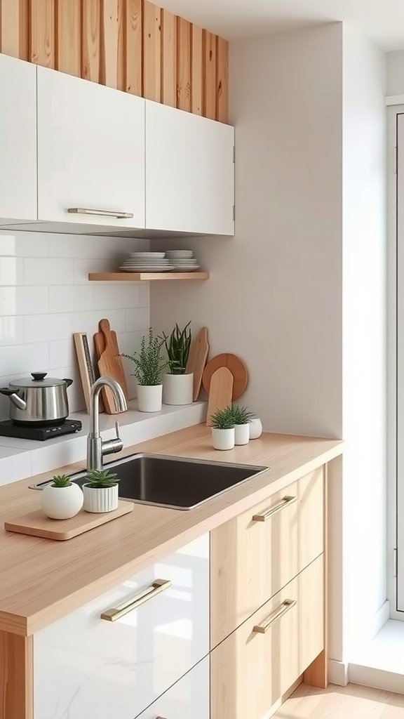 A Nordic style kitchen featuring light wood countertops, white cabinets, and decorative plants.