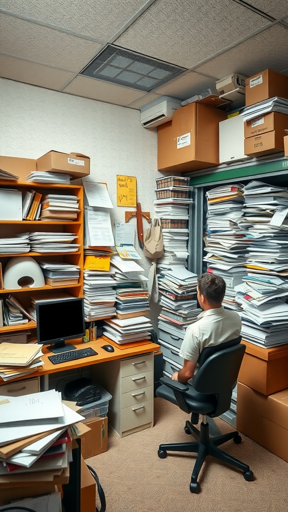 A cluttered home office filled with stacks of papers and boxes, illustrating the need for better file storage.