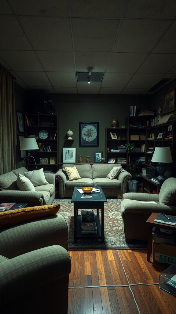 A cozy living room with oversized furniture, cluttered and cramped.