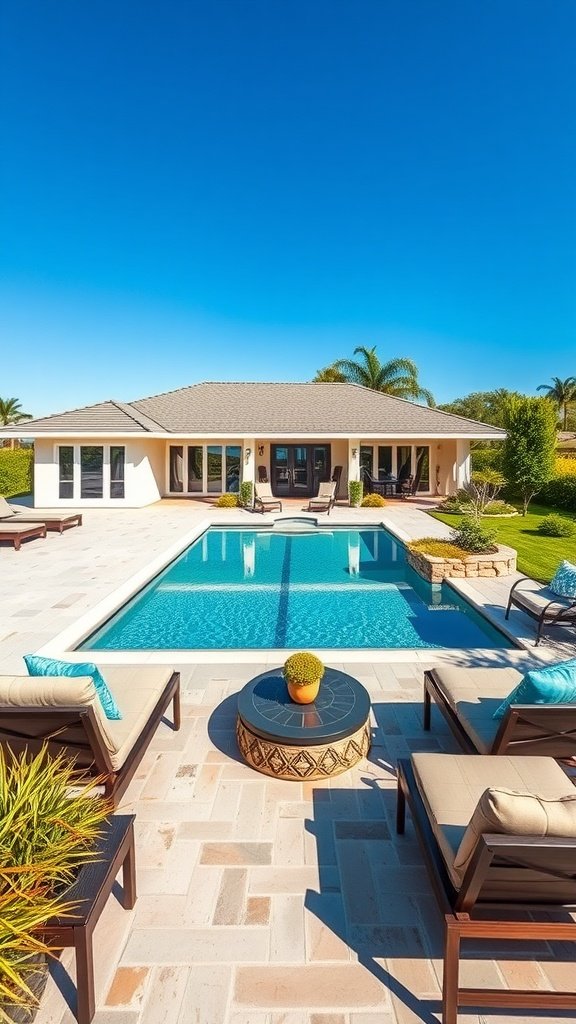 A beautiful ranch house with a sparkling backyard swimming pool, surrounded by lounge chairs and lush greenery.