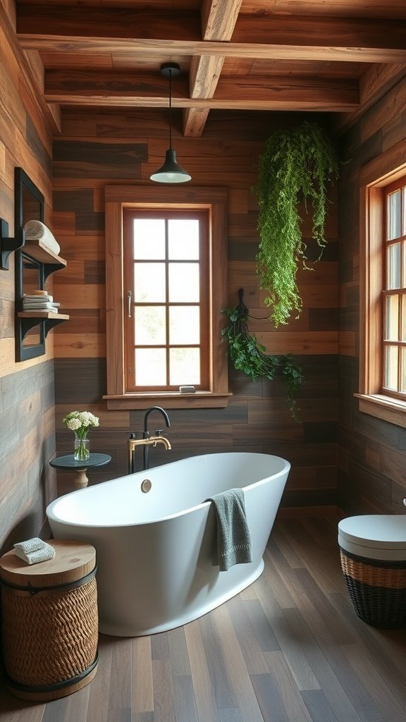 A rustic bathroom with wooden walls, a freestanding bathtub, and a cozy atmosphere.