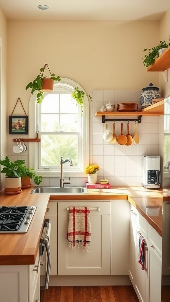 Cozy small kitchen featuring wooden countertops, white cabinets, and open shelving with plants and utensils.