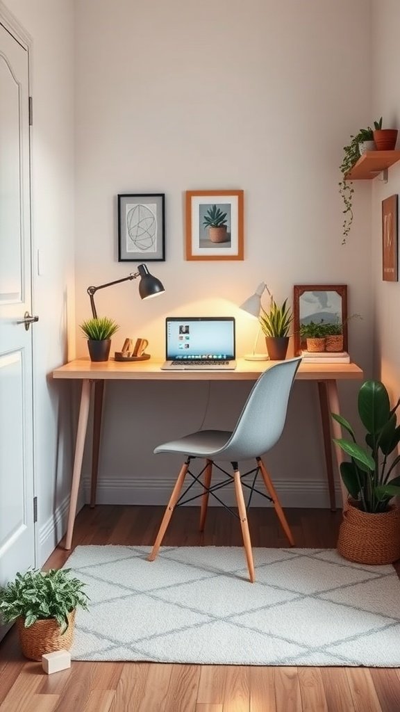 A small desk setup in a corner of a room featuring a laptop, lamp, and plants.