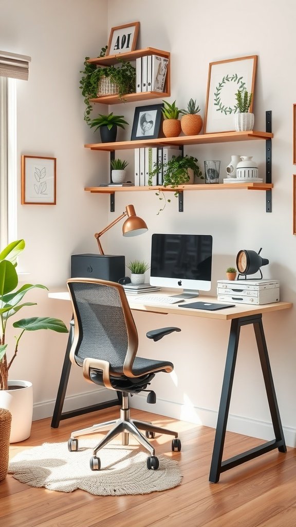 A small home office setup featuring a light wooden desk, a comfortable chair, wall-mounted shelves with plants and framed art, and a computer.