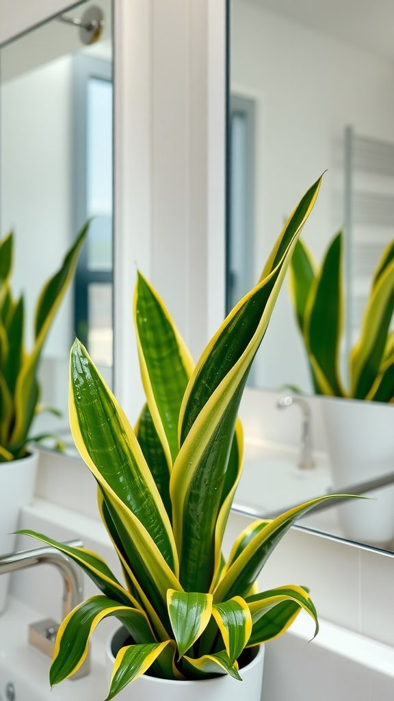 A vibrant Snake Plant with tall leaves and yellow edges, placed next to a bathroom mirror.