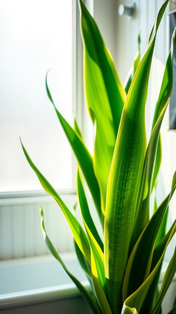 A vibrant and tall Snake Plant with green and yellow leaves, placed near a window.