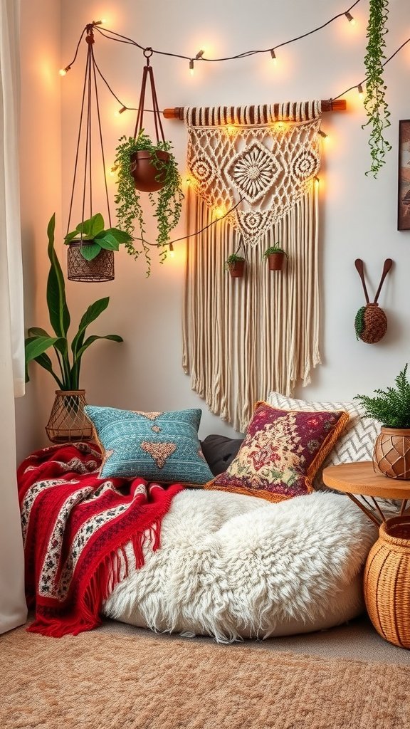 Cozy Boho nook with plush seating, colorful throws, macramé wall art, and plants