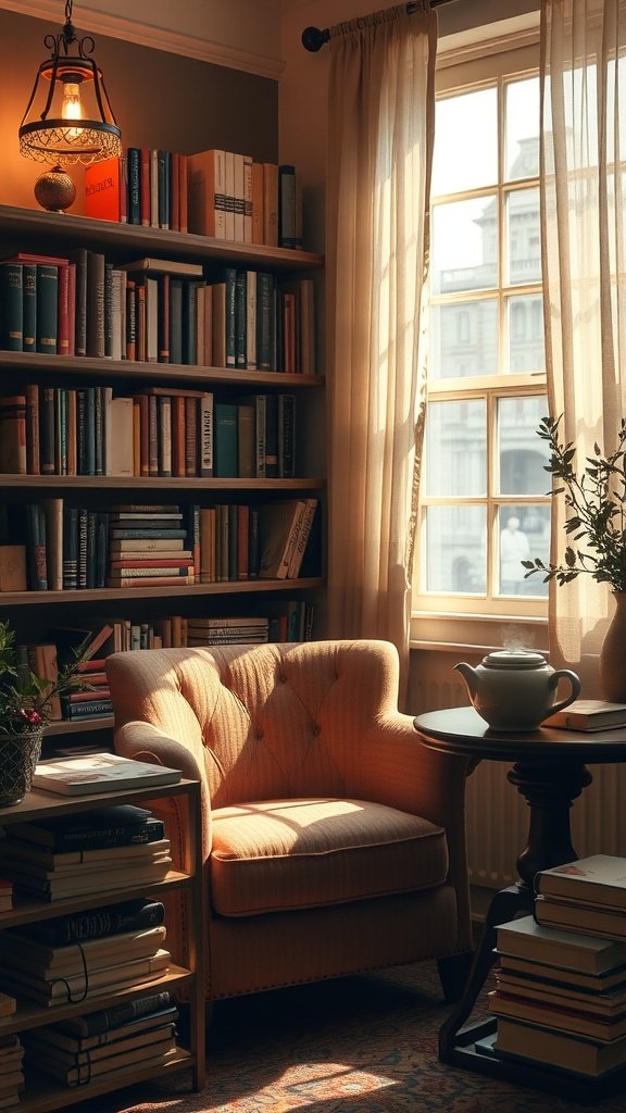 A cozy reading corner with an armchair, bookshelves, and a small table with a teapot.