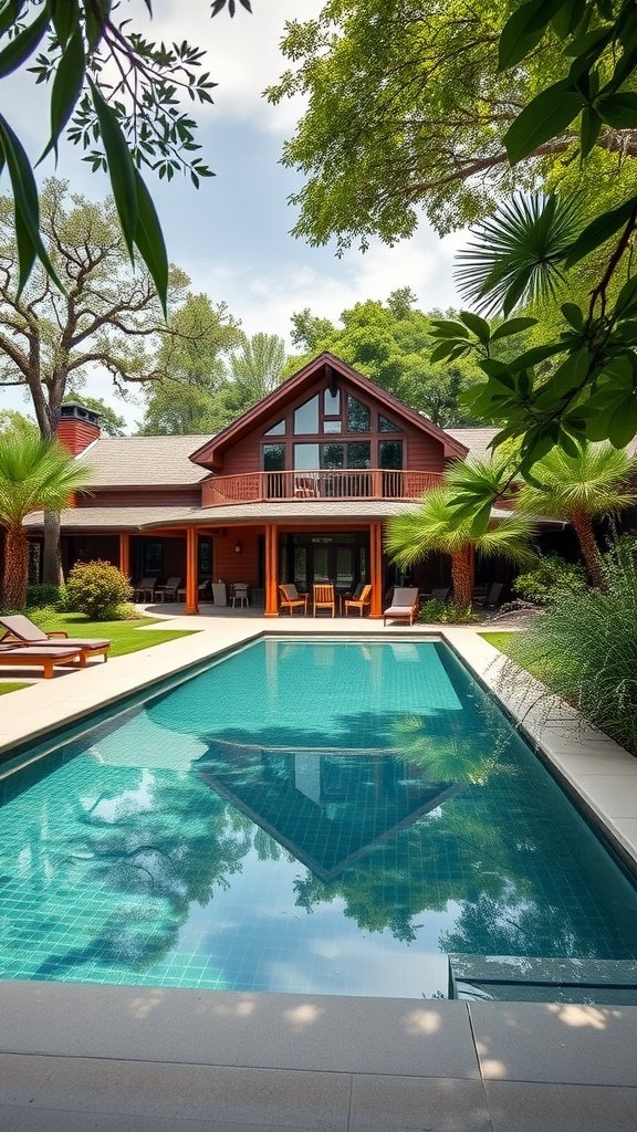 A spacious American lodge with a large concrete pool surrounded by greenery and wooden accents.