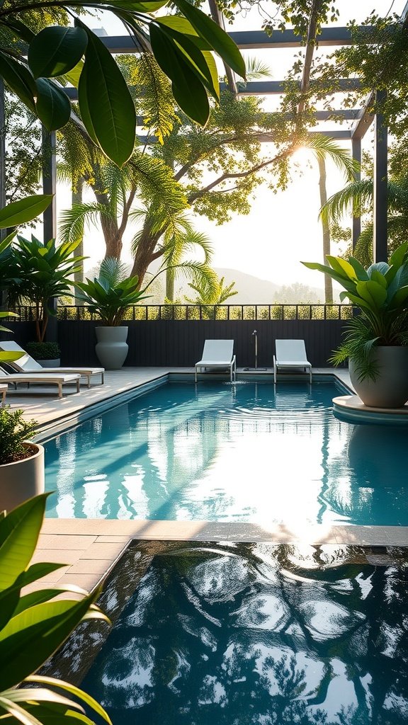 A luxurious swimming pool surrounded by lush greenery and modern lounge chairs, reflecting sunlight.