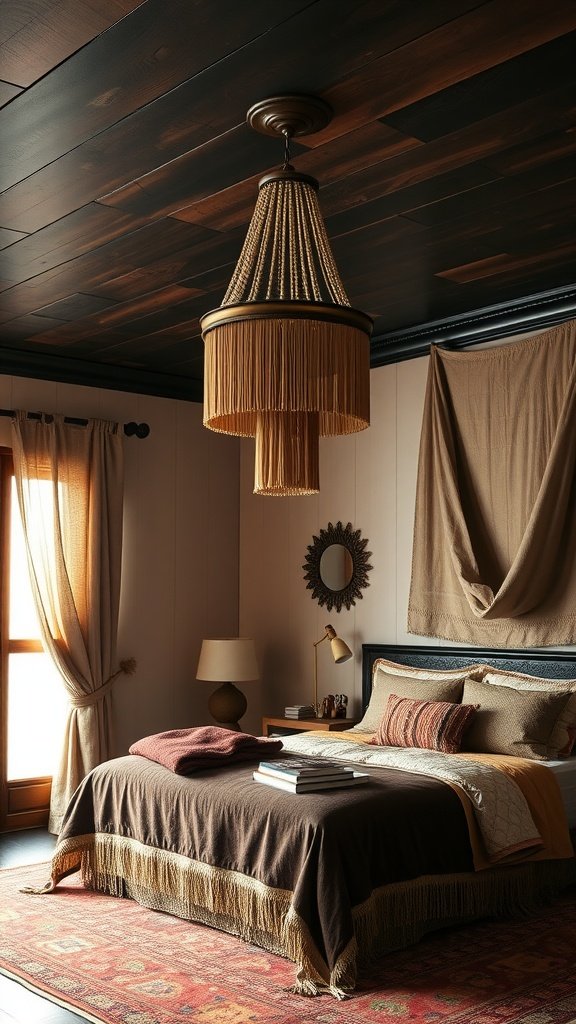 A dark boho bedroom featuring a tassel chandelier, warm bedding, and earthy tones.