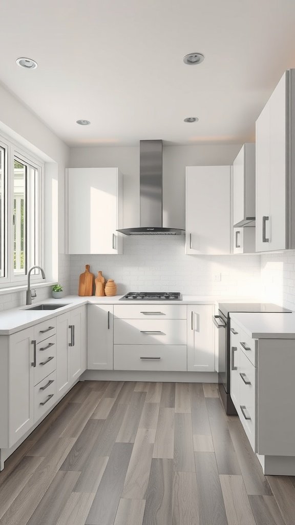 Modern U-shaped kitchen with white cabinets and light wood flooring