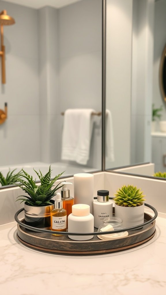 A stylish bathroom countertop tray with candles, beauty products, and small plants.