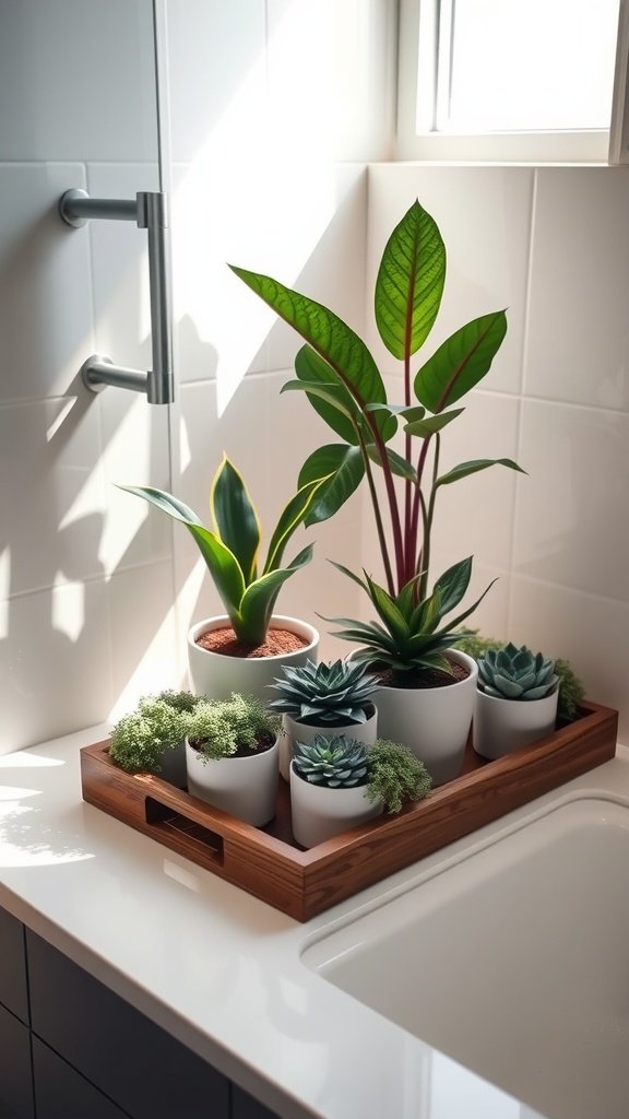 A stylish bathroom countertop tray with various plants, adding greenery to a bathroom without a window.