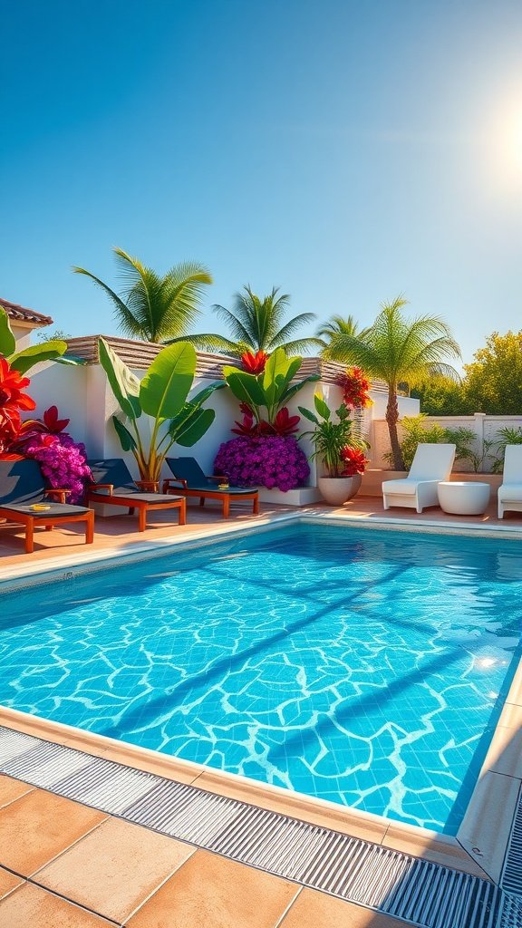Luxurious vinyl swimming pool surrounded by vibrant flowers and lounging chairs