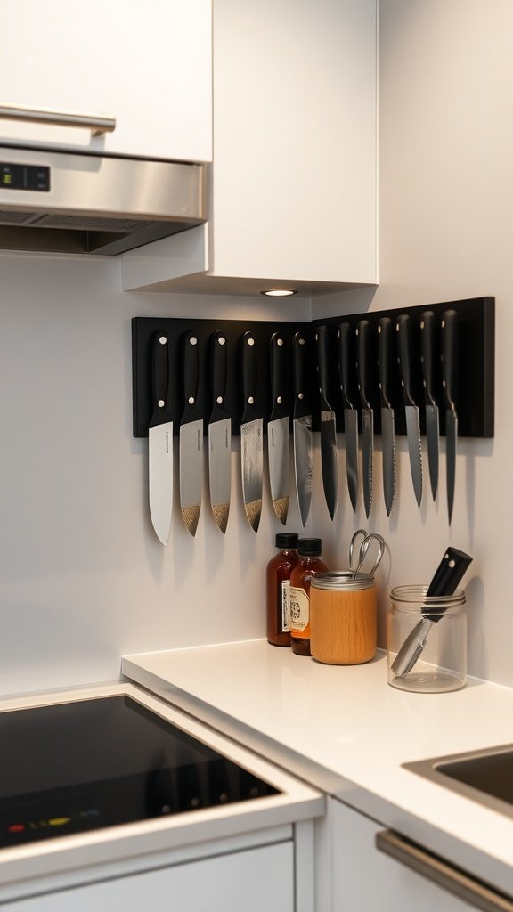 Wall-mounted magnetic knife strip with various knives displayed