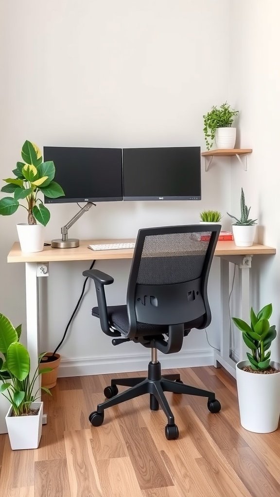 A small home office setup featuring a desk with two monitors, an ergonomic chair, and several plants for a fresh atmosphere.