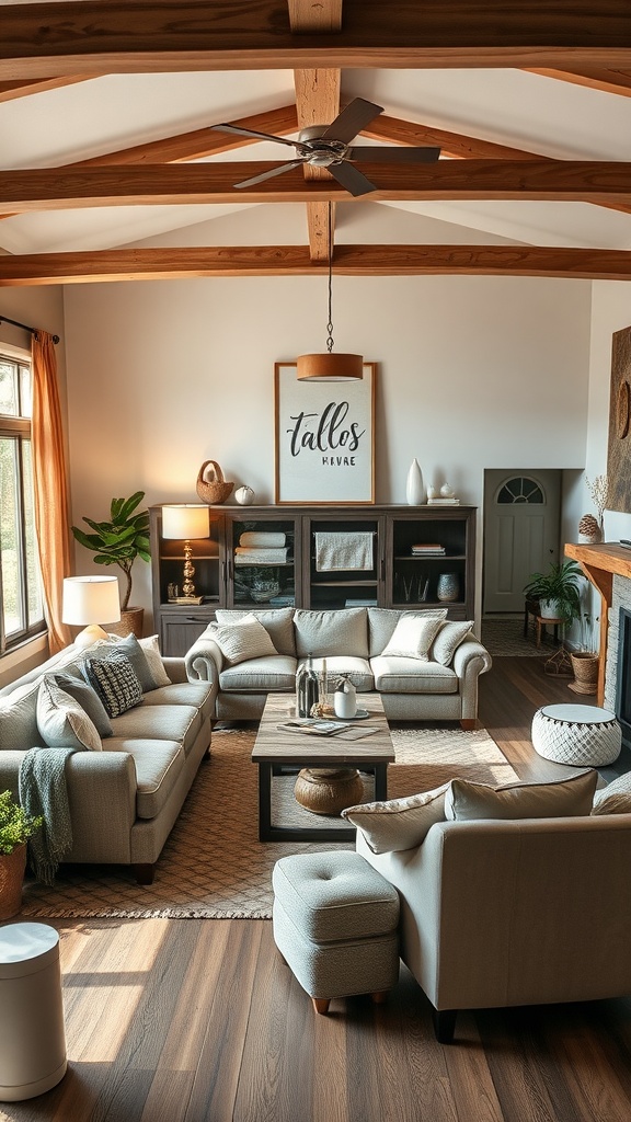A modern farmhouse living room with a large sofa, wooden beams, and natural light.
