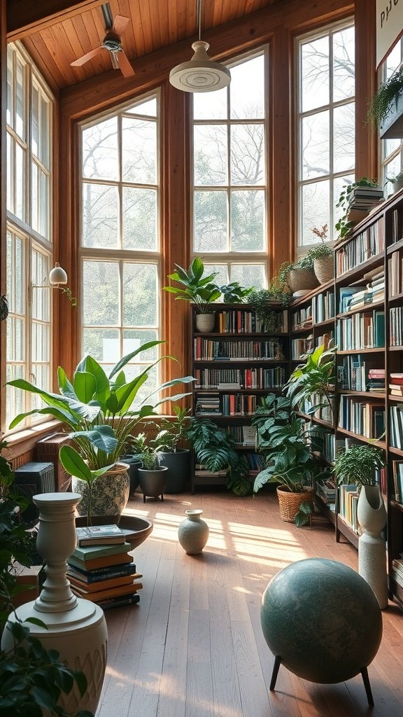 A cozy library room with large windows, wooden flooring, and lush plants